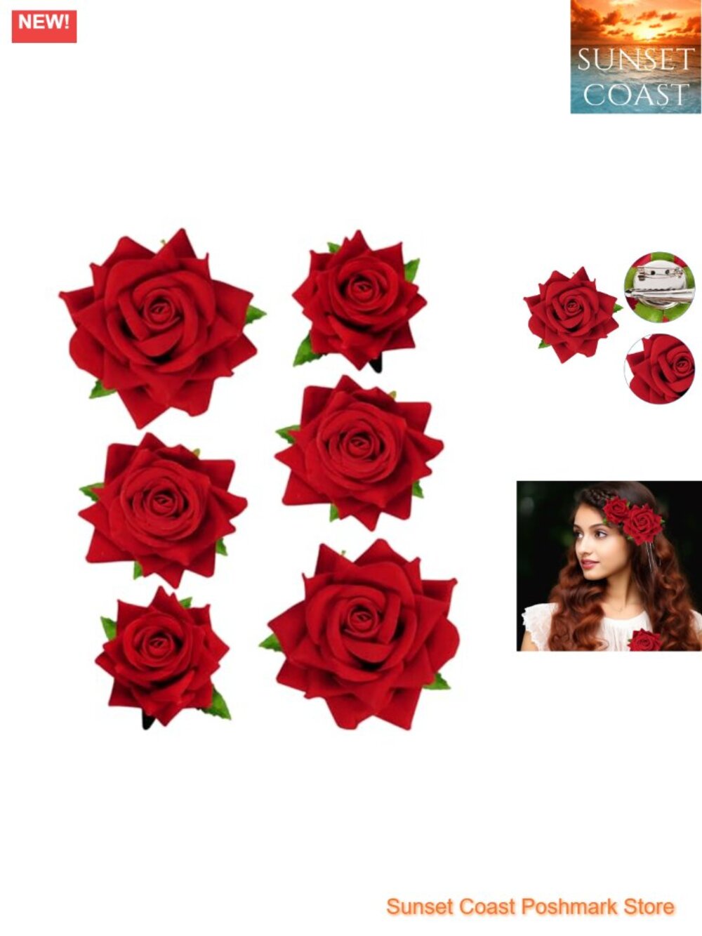 6 Pc Fabric Rose Hair Clip & Brooch Set Floral Accessories Women Girls Wedding